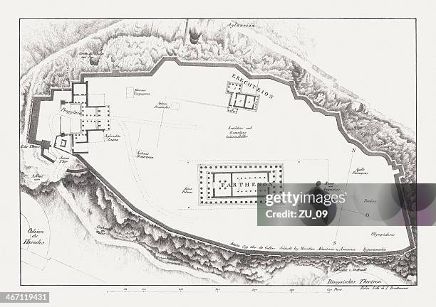 ground plan of the acropolis in athens, lithograph, published c.1830 - odeon of herodes atticus stock illustrations