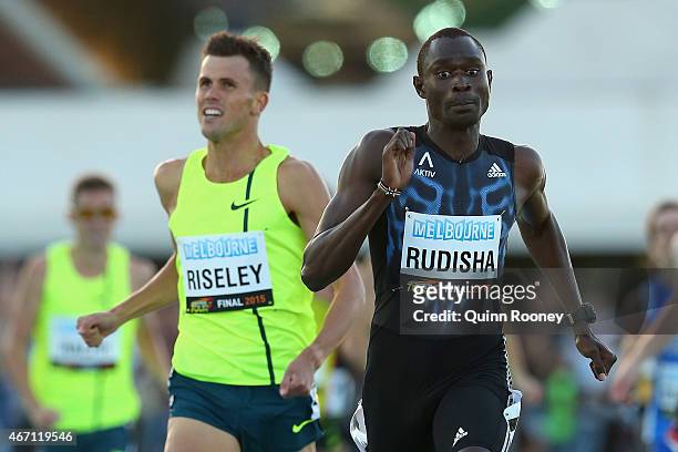 David Rudisha of Kenya leads Jeffrey Riseley of Australia in the Men's 800 Metre Run during the IAAF Melbourne World Challenge at Lakeside Stadium on...