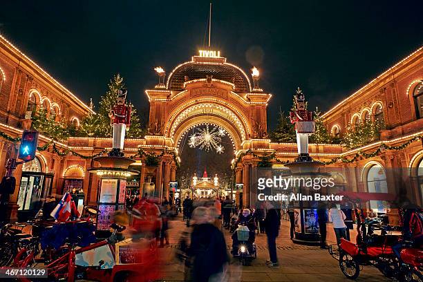 entrance to tivoli amusement park - copenhagen christmas stock pictures, royalty-free photos & images