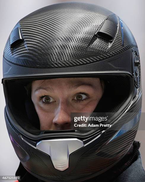 Christin Senkel of Germany looks prior to a Women's bobsleigh run practise ahead of the Sochi 2014 Winter Olympics at the Sanki Sliding Center on...