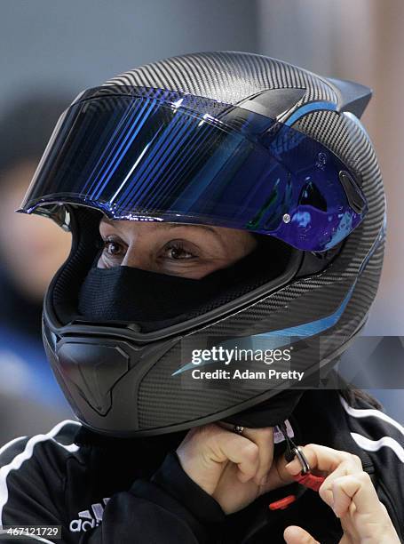 Anja Schneiderheinze of Germany looks on prior to a Women's bobsleigh run practise ahead of the Sochi 2014 Winter Olympics at the Sanki Sliding...