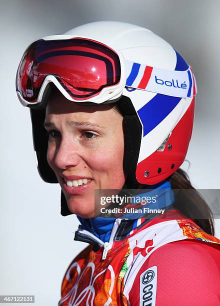 Marie Marchand-Arvier of France finishes a run during training for the Alpine Skiing Women's Downhill ahead of the Sochi 2014 Winter Olympics at Rosa...