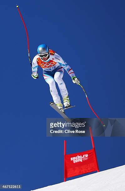 Georg Streitberger of Austria skis during training for the Alpine Skiing Men's Downhill ahead of the Sochi 2014 Winter Olympics at Rosa Khutor Alpine...