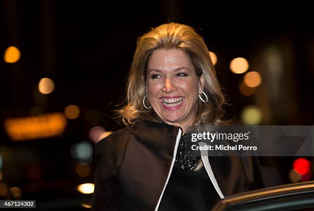 Queen Maxima of The Netherlands leaves after the final concert of Latvian conductor Mariss Jansons with the Royal Concertgebouw Orchestra on March...