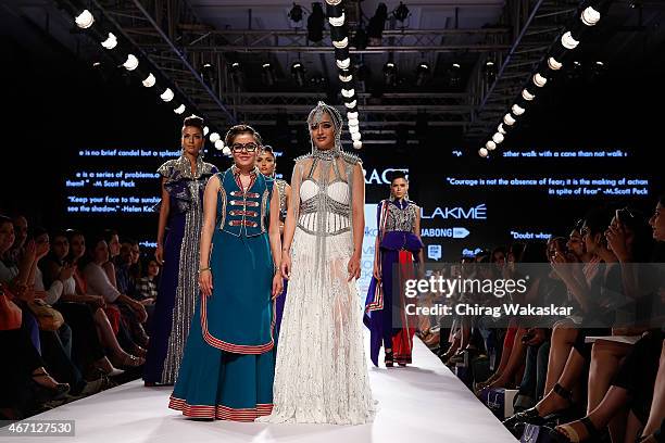 Akshara Haasan walks the runway during the IIKA for Anaiikka show on day 4 of Lakme Fashion Week Summer/Resort 2015 at Palladium Hotel on March 21,...