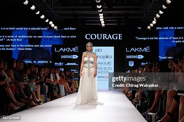 Akshara Haasan walks the runway during the IIKA for Anaiikka show on day 4 of Lakme Fashion Week Summer/Resort 2015 at Palladium Hotel on March 21,...