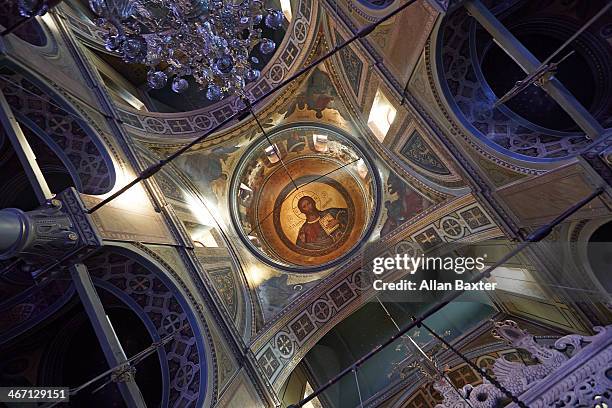 interior of church at panagia monastery - greek orthodox ストックフォトと画像