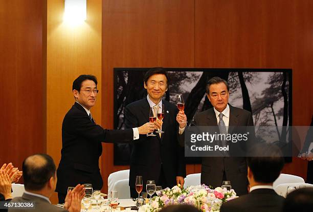 Japanese Foreign Minister Fumio Kishida, South Korean Foreign Minister Yun Byung-Se and Chinese Foreign Minister Wang Yi make a toast during a...