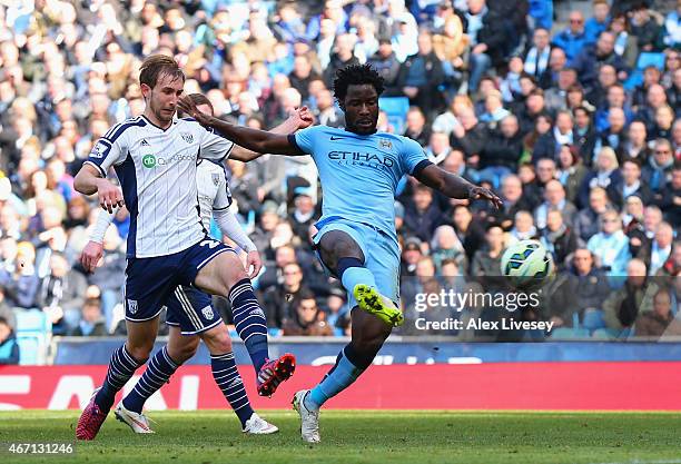 Wilfred Bony of Manchester City scores the opening goal during the Barclays Premier League match between Manchester City and West Bromwich Albion at...