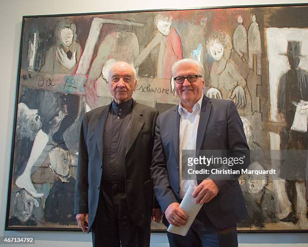 Armin Mueller-Stahl and German Minister for Foreign Affairs Frank-Walter Steinmeier attend the opening of 'Menschenbilder' exhibition preview at...