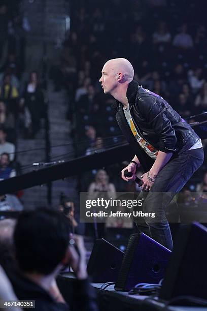Isaac Slade of The Fray performs during the Amnesty International "Bringing Human Rights Home" Concert>> at the Barclays Center on February 5, 2014...