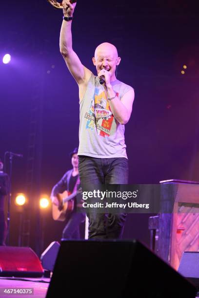 Isaac Slade of The Fray performs during the Amnesty International "Bringing Human Rights Home" Concert>> at the Barclays Center on February 5, 2014...