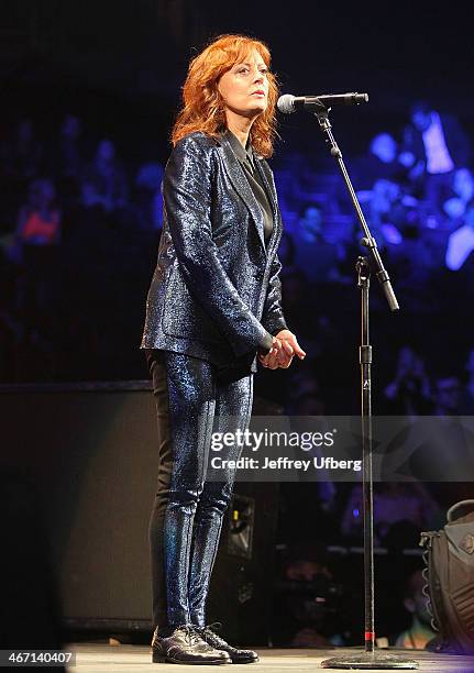 Actress Susan Sarandon speaks during the Amnesty International "Bringing Human Rights Home" Concert at the Barclays Center on February 5, 2014 in the...