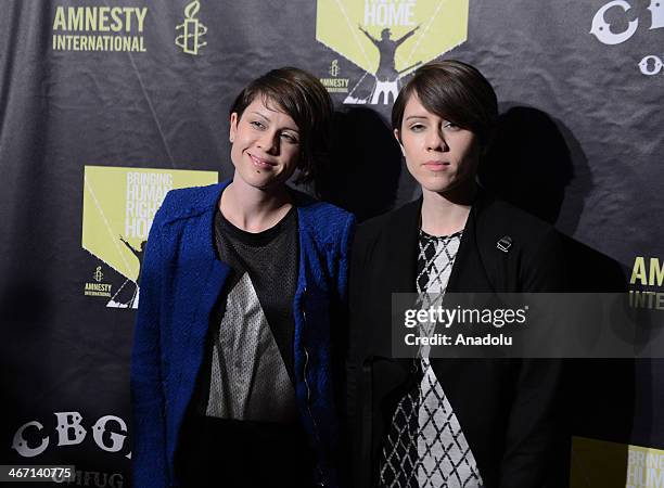 Musicians Tegan Quin and Sara Quin pose to media before the Amnesty International's "Bringing Human Rights Home" concert at the Barclays Center on...