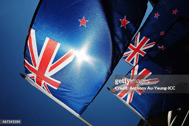 New Zealand flags are seen during the 2015 ICC Cricket World Cup match between New Zealand and the West Indies at Wellington Regional Stadium on...