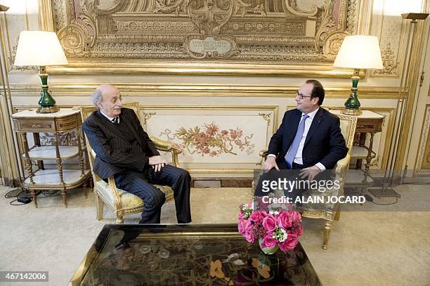 French President Francois Hollande meets with Lebanese Druze leader and Lebanese Progressive Socialist Party chairman Walid Jumblatt at the Elysee...