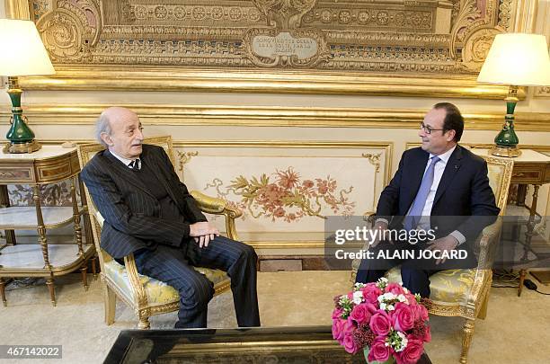 French President Francois Hollande meets with Lebanese Druze leader and Lebanese Progressive Socialist Party chairman Walid Jumblatt at the Elysee...