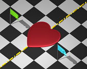 Red heart on checkered surface with divisional line and flags