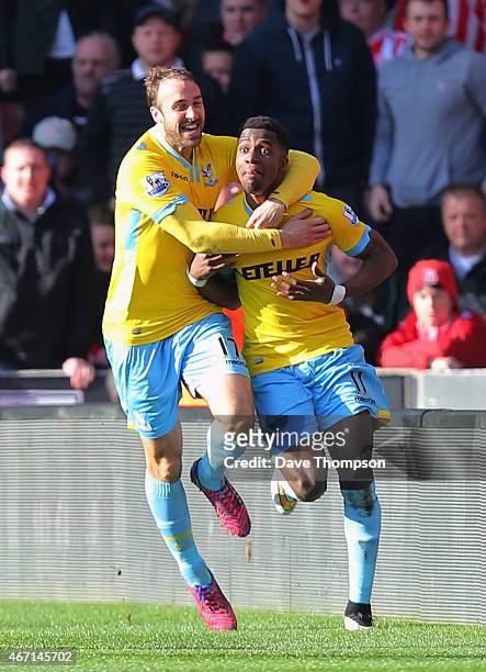 Wilfried Zaha of Crystal Palace celebrates scoring their second goal with Glenn Murray of Crystal Palace during the Barclays Premier League match...