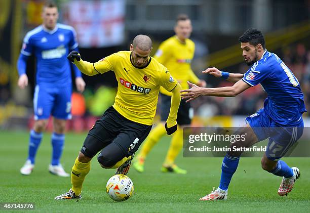 Keith Andrews of Watford and Kevin Bru of Ipswich Town France during the Sky Bet Championship match between Watford and Ipswich Town at Vicarage Road...