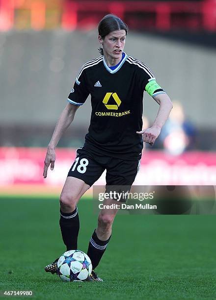 Kerstin Garefrekes of FFC Frankfurt in action during the UEFA Womens Champions League Quarter Final match between Bristol Academy Women and FFC...