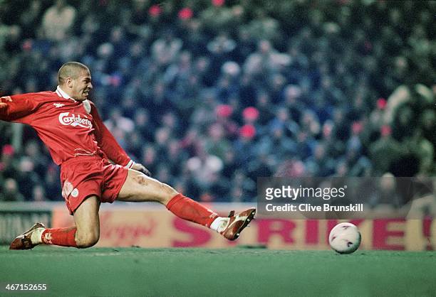 Stan Collymore scoring his second goal of the match during Liverpool's 4-0 Premier League victory against Leeds at Anfield, 19th February 1997.