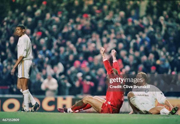 Stan Collymore celebrates scoring his first goal during Liverpool's 4-0 Premier League victory against Leeds at Anfield, 19th February 1997.