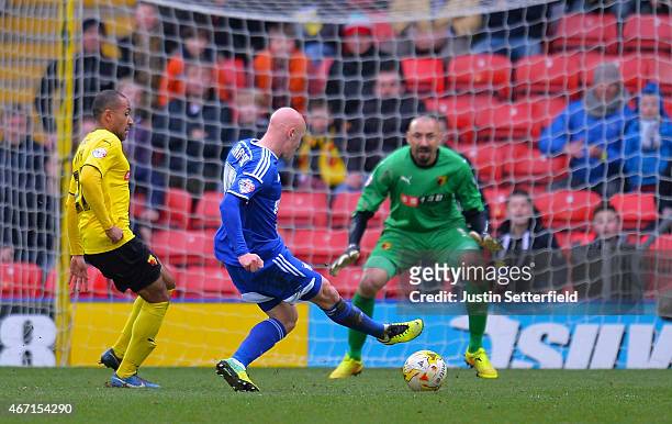 Richard Chaplow of Ipswich Town scores the winning goal during the Sky Bet Championship match between Watford and Ipswich Town at Vicarage Road on...