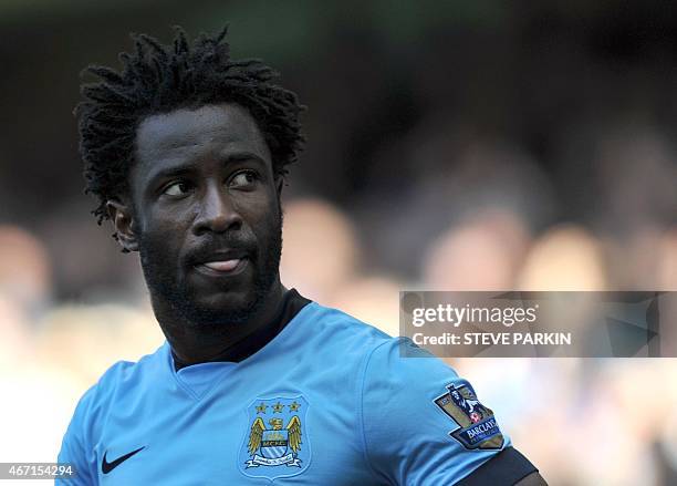 Manchester City's Ivorian striker Wilfried Bony reacts during the English Premier League football match between Manchester City and West Bromwich...