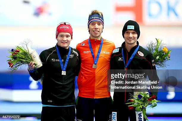 Gold medalist Jorrit Bergsma of the Netherlands , Silver medalist Sverre Lunde Pedersen of Norway and Bronze medalist Patrick Beckert of Germany pose...