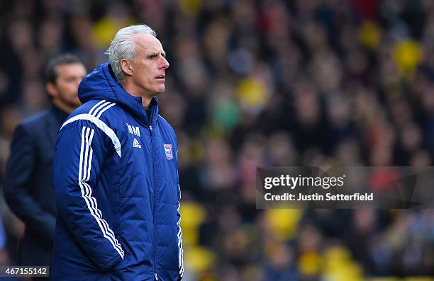 Mick McCarthy Manager of Ipswich Town looks on during the Sky Bet Championship match between Watford and Ipswich Town at Vicarage Road on March 21,...