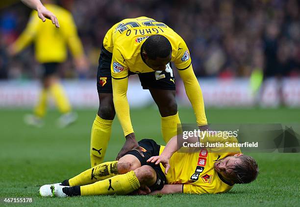 Joel Ekstrand of Watford goes down with a bad injury during the Sky Bet Championship match between Watford and Ipswich Town at Vicarage Road on March...