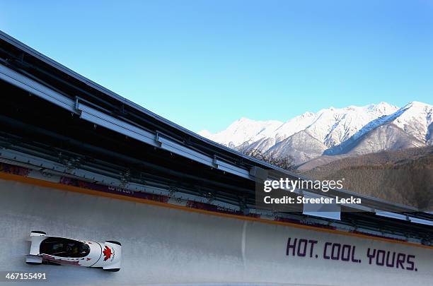 Kaillie Humphries pilots the women's Canada 1 bobsled during practice ahead of the Sochi 2014 Winter Olympics at the Sanki Sliding Center on February...