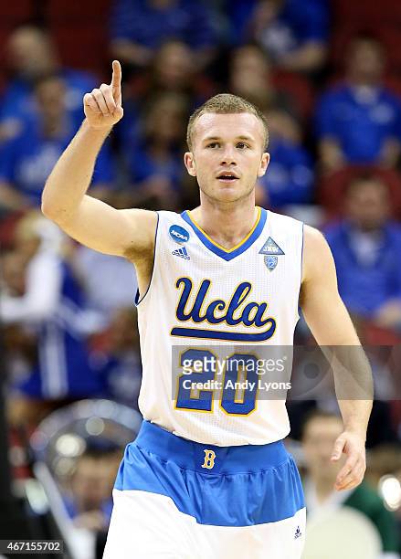 Bryce Alford of the UCLA Bruins reacts against the UAB Blazers during the third round of the 2015 NCAA Men's Basketball Tournament at KFC YUM! Center...