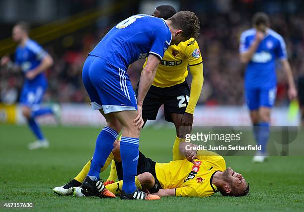 Joel Ekstrand of Watford goes down with a bad injury during the Sky Bet Championship match between Watford and Ipswich Town at Vicarage Road on March...