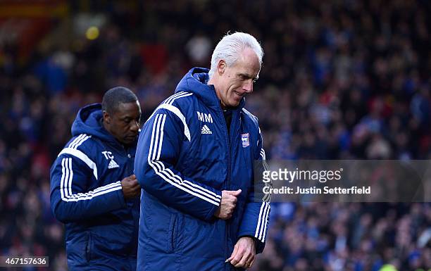 Mick McCarthy Manager of Ipswich Town reacts after the Sky Bet Championship match between Watford and Ipswich Town at Vicarage Road on March 21, 2015...