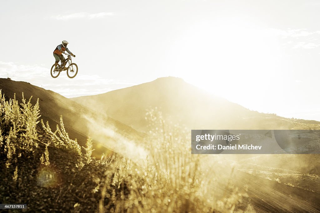 Guy with a mountain bike jumping in to the sun.