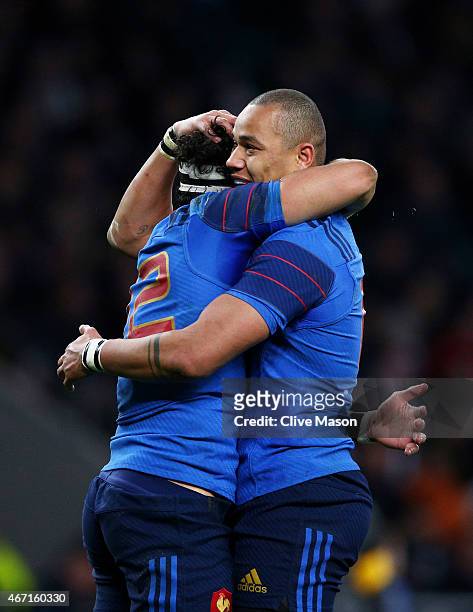 Maxime Mermoz of France celebrates with teammate Gael Fickou of France after scoring his team's third try during the RBS Six Nations match between...