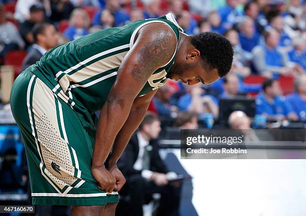 Denzell Watts of the UAB Blazers reacts as his team is defeated by the UCLA Bruins 92-75 during the third round of the 2015 NCAA Men's Basketball...