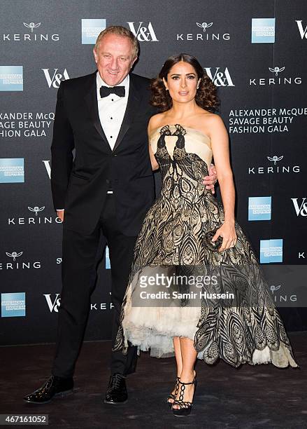 Francois-Henri Penault and Salma Hayek attend a private view for the "Alexander McQueen: Savage Beauty" exhibition at Victoria & Albert Museum on...