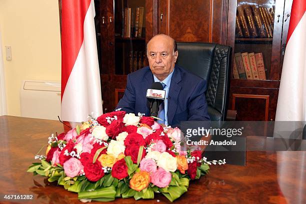Yemeni President Abd Rabbuh Mansour Hadi speaks to the media in Aden,Yemen on March 21, 2015. Hadi said Saturday that he had moved to the southern...