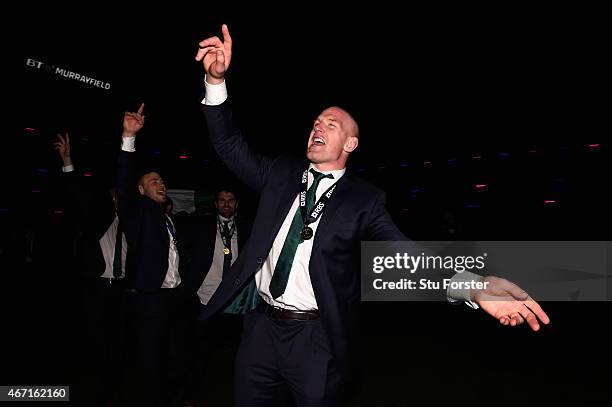 Ireland captain Paul O' Connell celebrates after the RBS Six Nations match between Scotland and Ireland at Murrayfield Stadium on March 21, 2015 in...