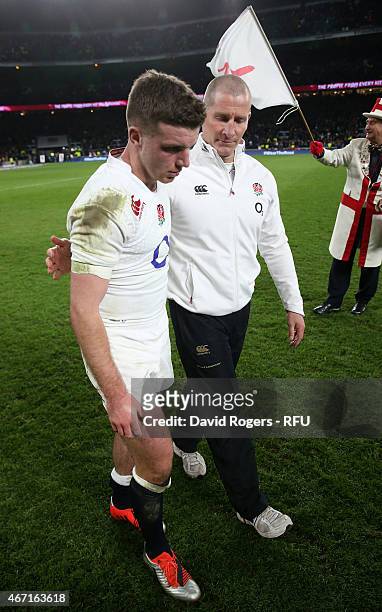 George Ford of England is consoled by head coach Stuart Lancaster at the end of the RBS Six Nations match between England and France at Twickenham...