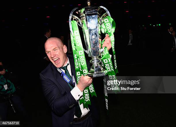 Ireland captain Paul O' Connell lifts the trophy after the RBS Six Nations match between Scotland and Ireland at Murrayfield Stadium on March 21,...
