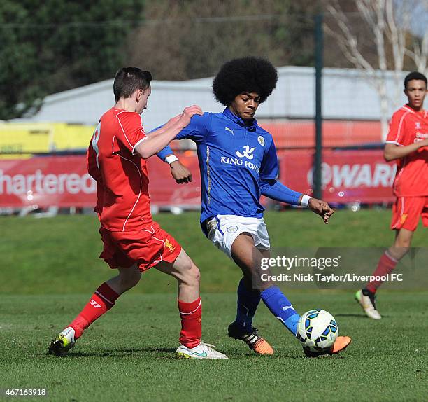 Harvey Whyte of Liverpool and Hamza Choudhury of Leicester City in action during the U18 Premier League game between Liverpool and Leicester City at...
