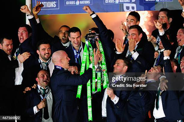 Ireland captain Paul O' Connell lifts the trophy after the RBS Six Nations match between Scotland and Ireland at Murrayfield Stadium on March 21,...