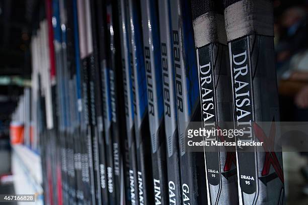 The sticks of Leon Draisaitl of Kelowna Rockets stand on the bench opposite the Seattle Thunderbirds on March 18, 2015 at Prospera Place in Kelowna,...