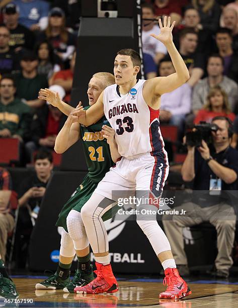 Kyle Wiltjer of the Gonzaga Bulldogs in action against A.J. Jacobson of the North Dakota State Bisons during the second round of the 2015 Men's NCAA...