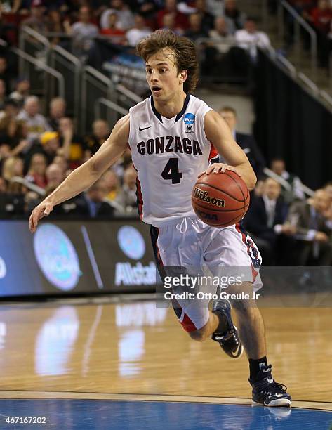 Kevin Pangos of the Gonzaga Bulldogs dribbles against the North Dakota State Bisons during the second round of the 2015 Men's NCAA Basketball...