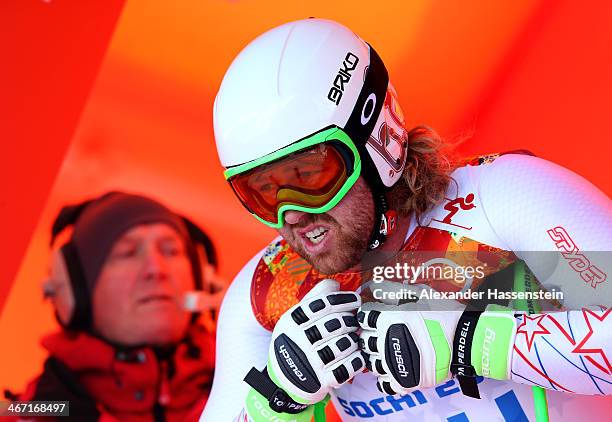 Erik Fisher of the United States starts a run during training for the Alpine Skiing Men's Downhill ahead of the Sochi 2014 Winter Olympics at Rosa...